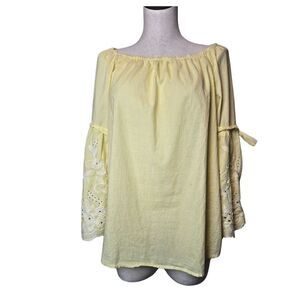 Fever Yellow Stripe Peasant Top Womens Embroidery Eyelet Lace Sleeve Boho